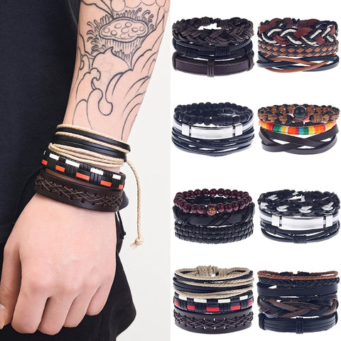 Boyfriend Fashion Bangle Jewelry Beads Woven Wristband Rope Braided Bracelet Punk Multilayer Leather 3Pcs/set Mens Ethnic