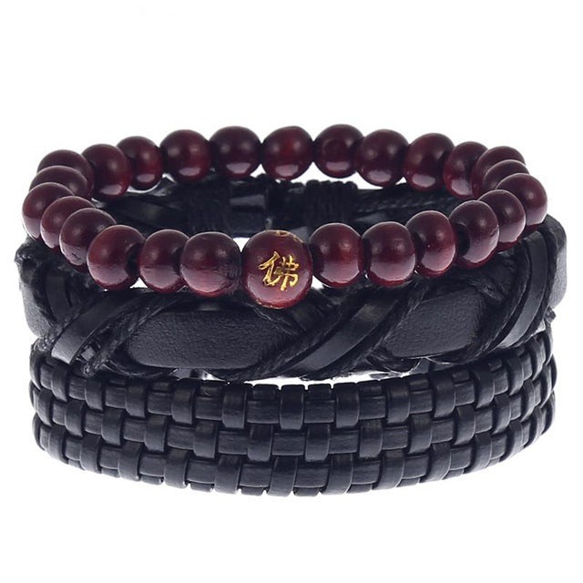 Boyfriend Fashion Bangle Jewelry Beads Woven Wristband Rope Braided Bracelet Punk Multilayer Leather 3Pcs/set Mens Ethnic