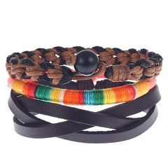 Boyfriend Fashion Bangle Jewelry Beads Woven Wristband Rope Braided Bracelet Punk Multilayer Leather 3Pcs/set Mens Ethnic